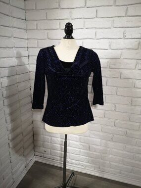 Notations Petite Ladies Size Small Black Velvet w/ Blue Glitter Pattern Top